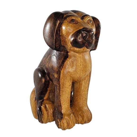 Vintage Wood Carved Dog Sitting Sculpture Folk Art 7 Inch Two Toned - Picture 1 of 8
